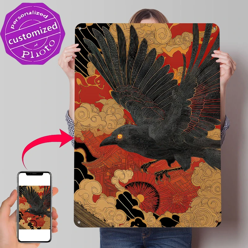 Japanische Krähenkunst mit Tempel-Poster, personalisierte Vintage-Metallschilder, Wandkunst, Retro-Blechschild für Garagendekoration, Raumdekoration