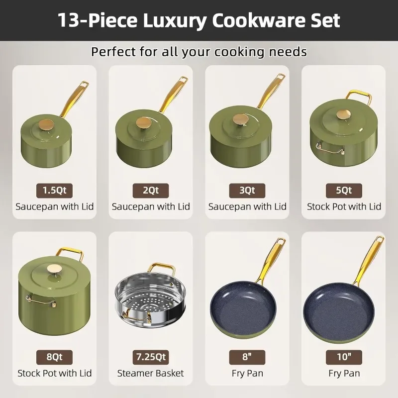 Cookware Set with Elegant Gold Handle Diamond Infused Ceramic Non-Stick, PFAS Free, Premium Metal Lids Ergonomic Stay-Cool