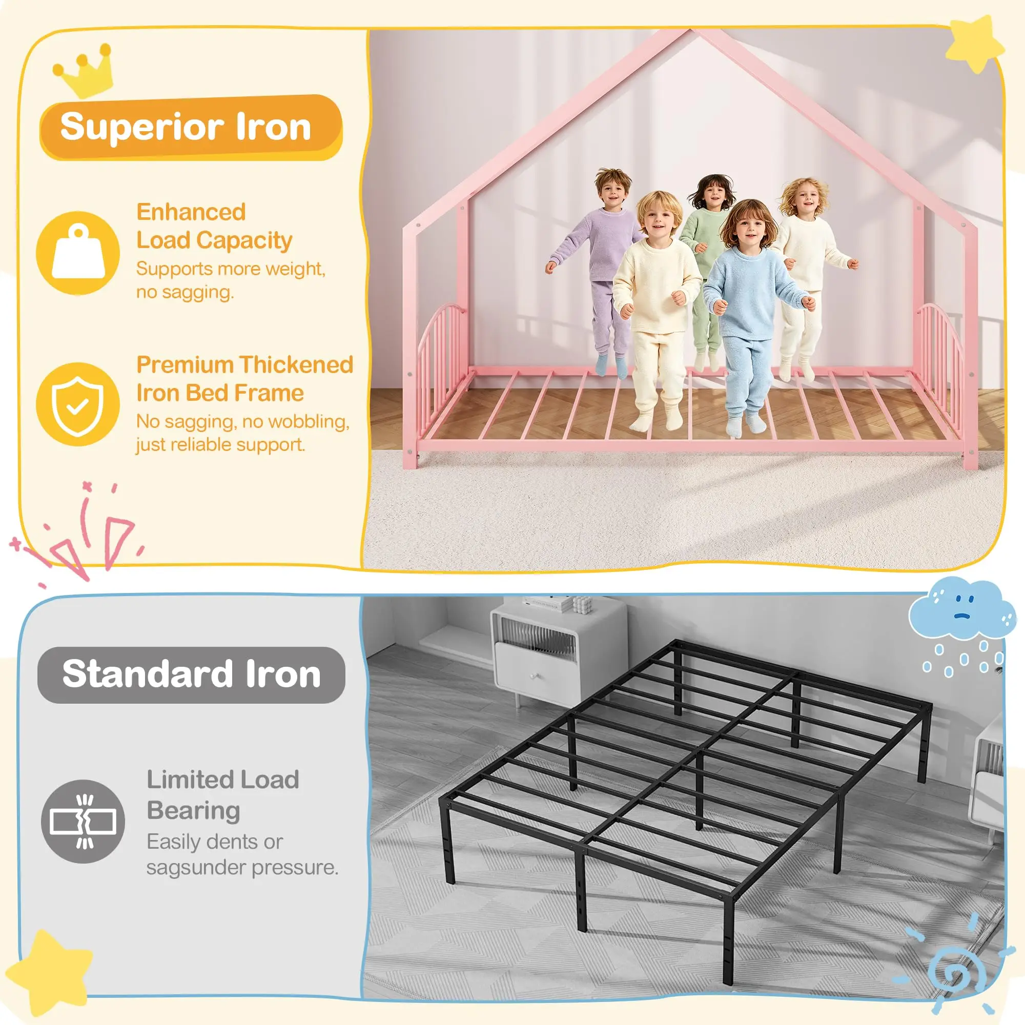 Twin Educational Metal House Bed Frame for Kids & Toddlers, Sturdy Low-Profile Floor Platform Bed with DIY Roof, Safe & Easy Assembly