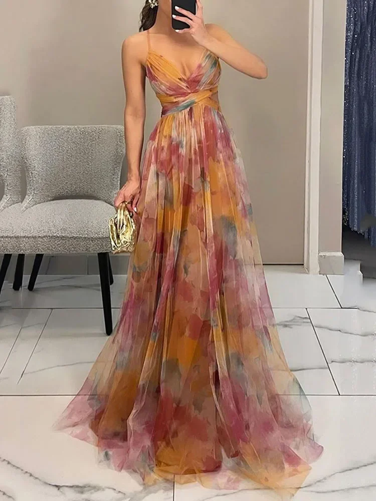 GELITAYIN 2025 فستان ماكسي شبكي بدون أكمام بدون ظهر للنساء أنيق أنيق وربطة عنق على شكل V يموت مفرغ للحفلات المسائية فساتين طويلة Holid