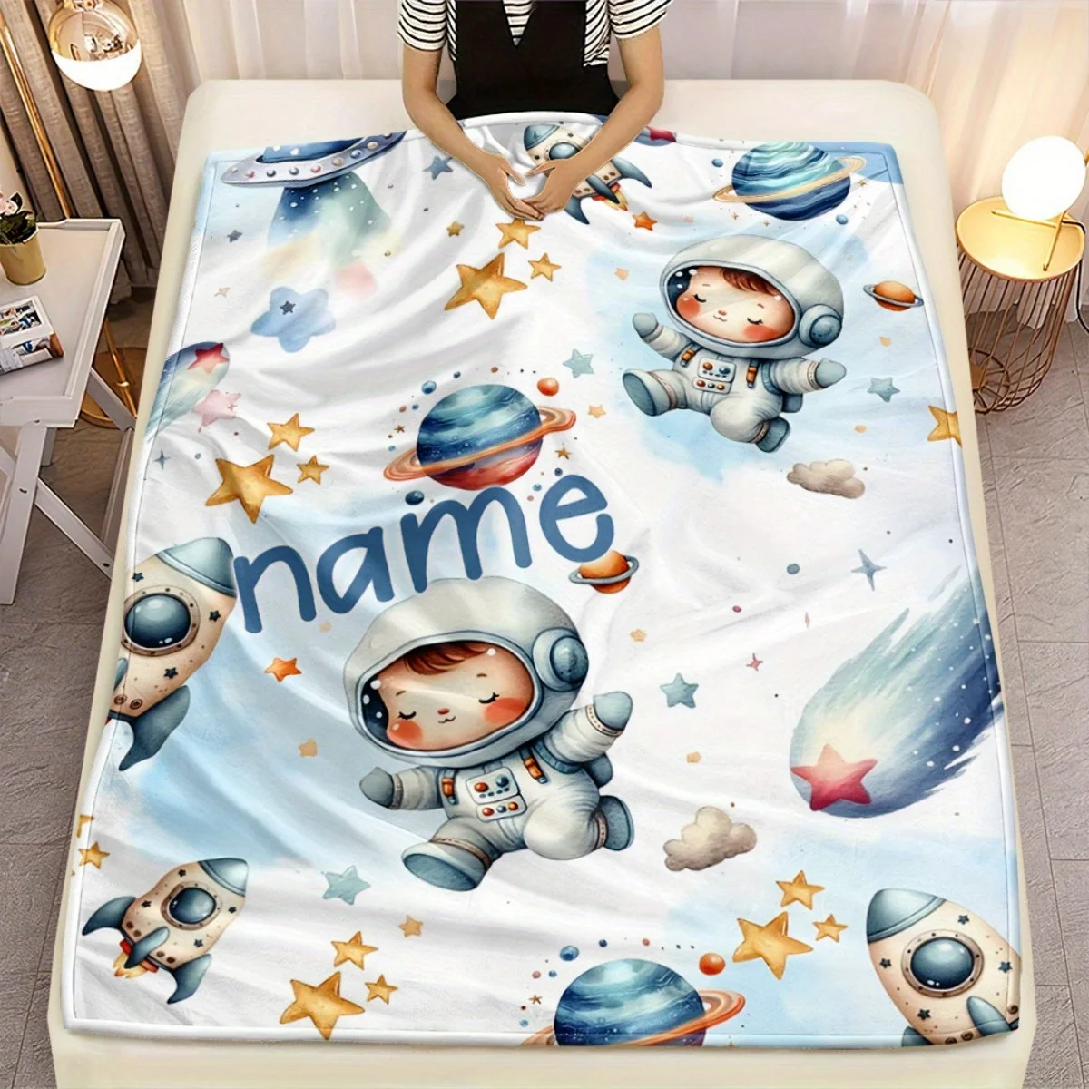 Maßgeschneiderte Flanelldecke mit Astronautenmuster, leichte, weiche, warme Winterdecke, geeignet für Sofas, Camping, Bürobett