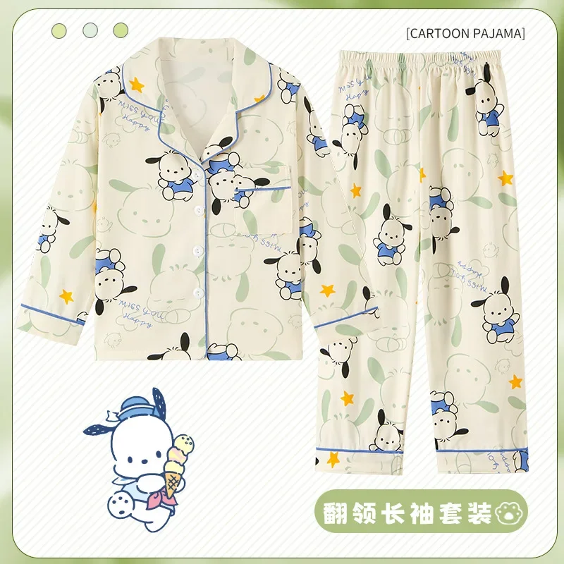 Sanrio Cinnamoroll Pyjamas Kuromi My Melody Kinder Casual Frühling Hause Langarm Flip Neck Strickjacke Kind Mädchen Nachtwäsche Hosen