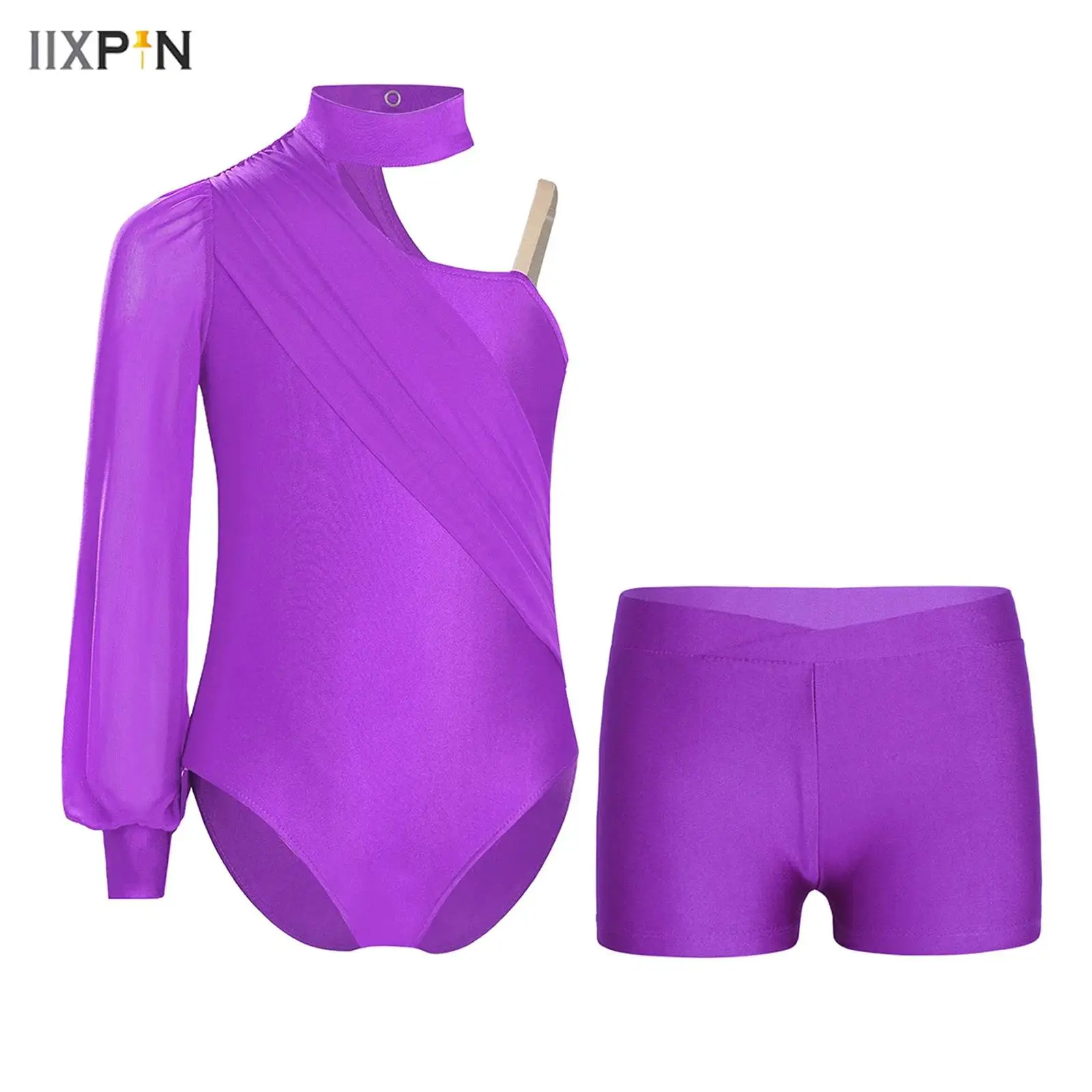 

Kids Girls Gymnastics Ballet Dance Bodysuit One Shoulder Long Sleeve Ruched Mesh Overlay Leotard + Shorts Figure Skating Outfit
