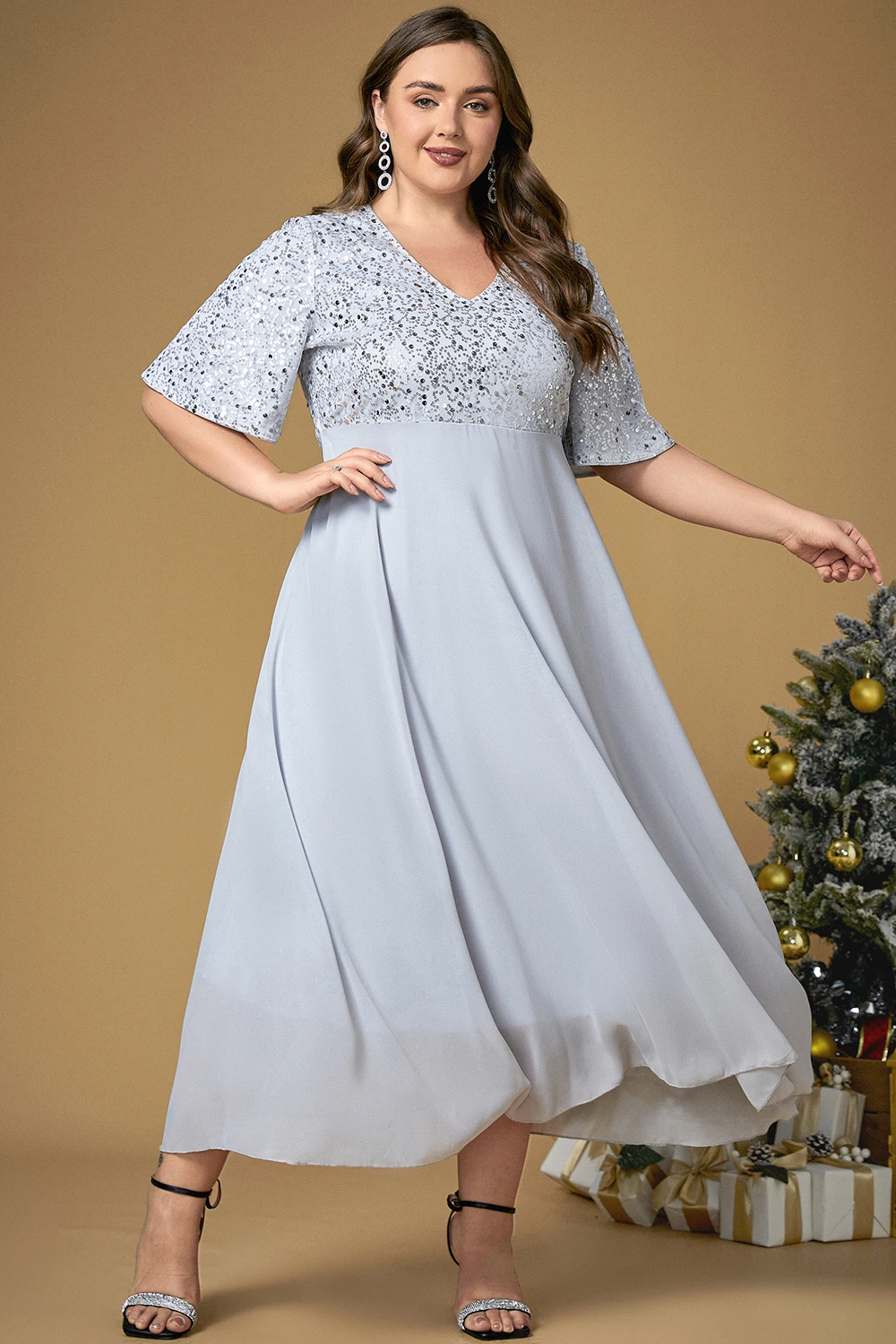 Flycurvy Plus Size Formal Silver Chiffon Sparkly Sequin Ruffle Sleeve Christmas Tunic Tea-Length Dress