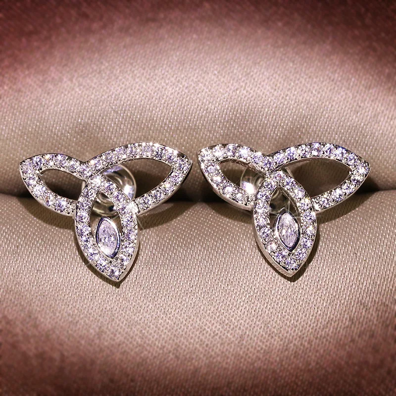 Exquisite Simple Diamond-Encrusted Zircon Bow Earrings 925 Silver Needles Sweet Clover Earrings Party Birthday Jewelry Gift