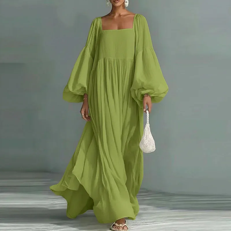 Witte Boheemse elegante zwierige maxi-jurk voor dames, sexy vierkante kraag, hoge taille, lange jurken, lente-lantaarnmouwen, losse feestjurken