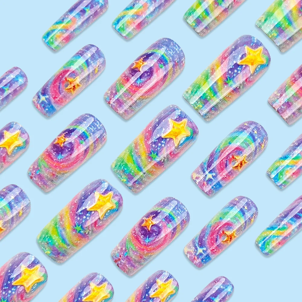 24 Uds deslumbrante cielo estrellado uñas postizas Flash lentejuelas coloridas patrón de estrella dorada prensa en uñas Y2k gradiente romántico uñas postizas