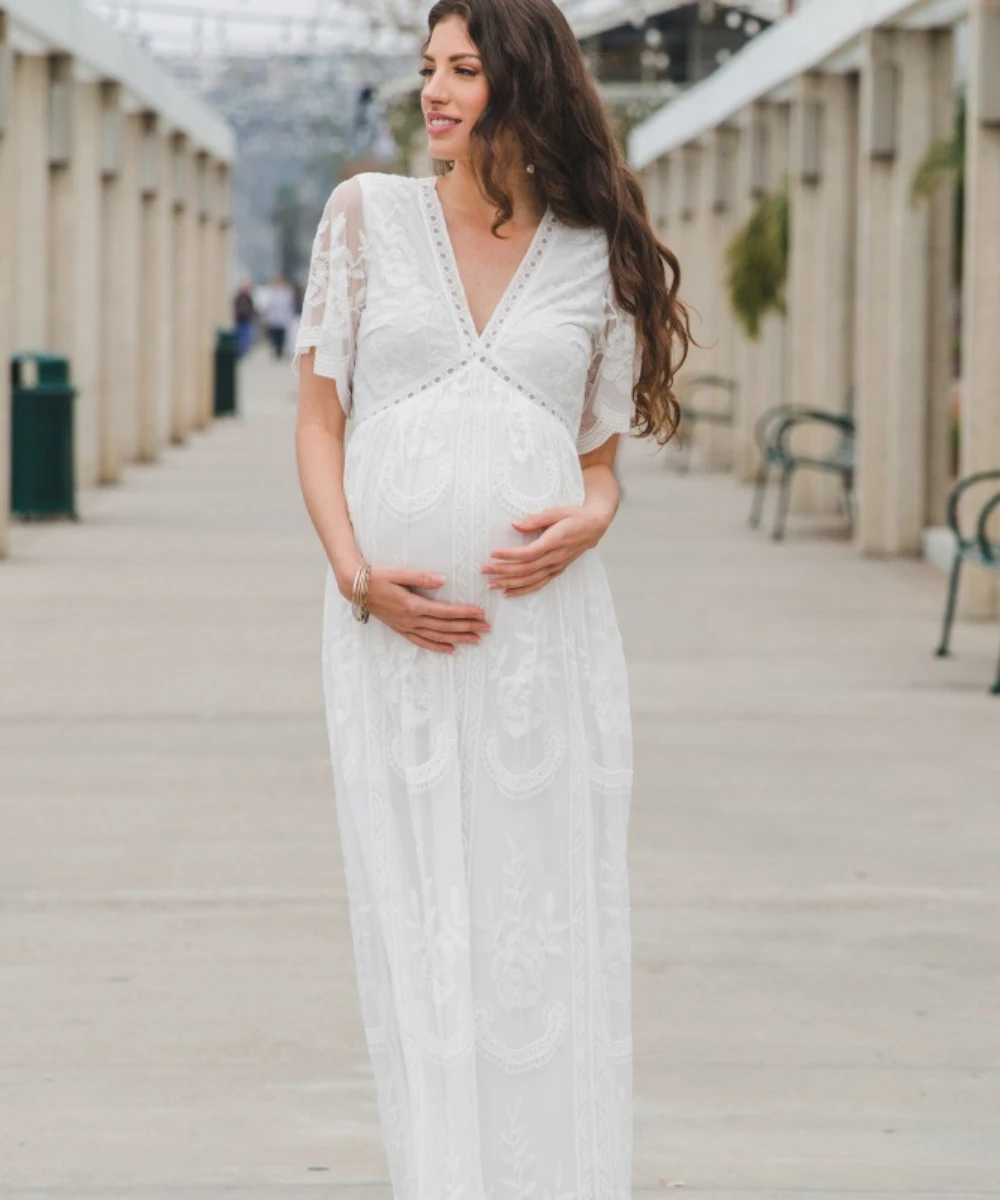 Pregnant Woman Photo Photo Comfortable Casual Lace Long Dress Pregnant Woman Lace Mop A-line Skirt Dress