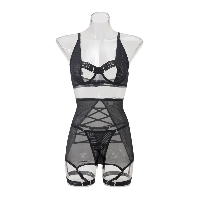 Toucheart Sexy Interesting Underwear Set For Women Lace Up Hollow Out Mesh See-through Solid Color Garters Sexy Lingerie Set New - Image 5