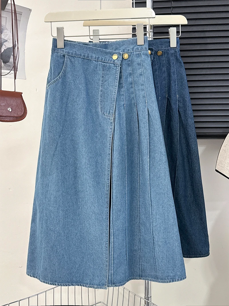 

Summer Mid-length Half Skirt Fashion Women's Irregular Denim Skirt Korean Female High Waisted Slim A-line Pleated Midskirt