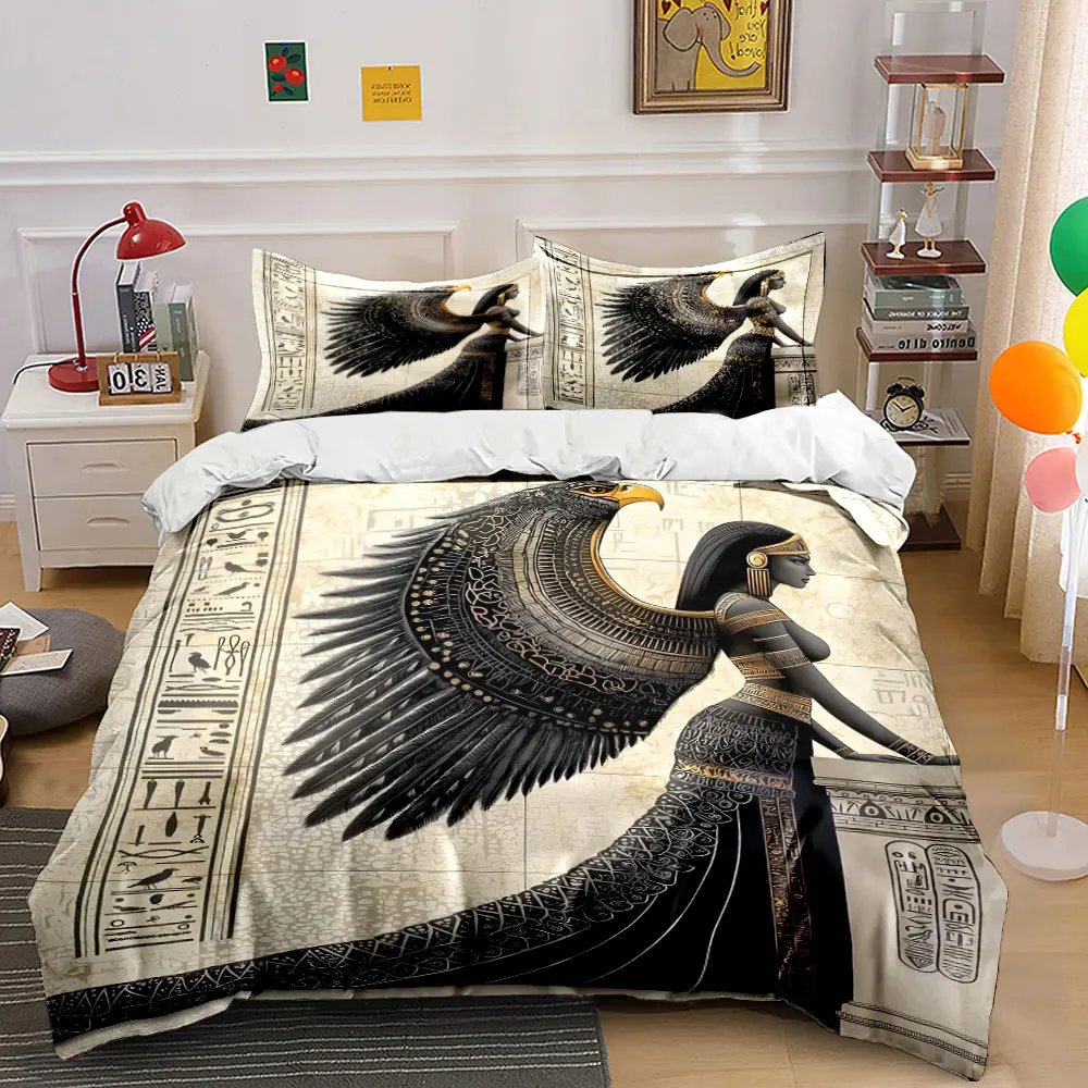 Egyptian-style Queen with Eagle Wings Print Bedding Set 1Duvet Cover 2Pillowcases for Adult and Children Luxury Gift Full Size