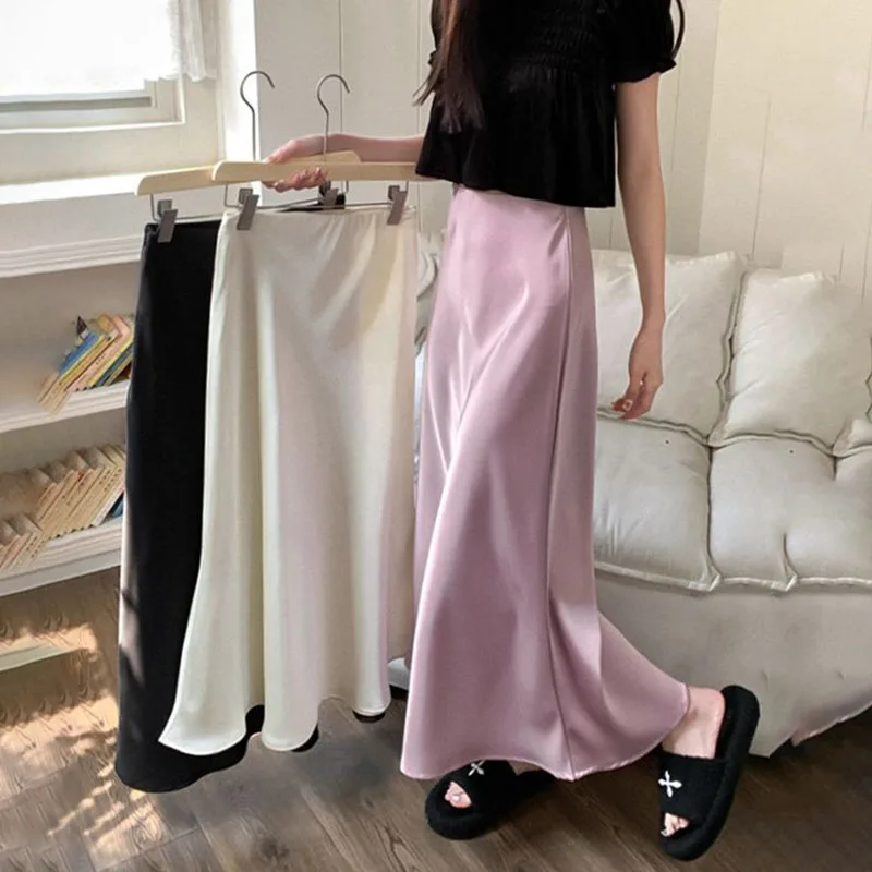 Biyaby Elegant Satin Midi Skirts Woman Fashion High Waist Long Skirt for Women Solid Color Fishtail A-Line Office Lady Skirts