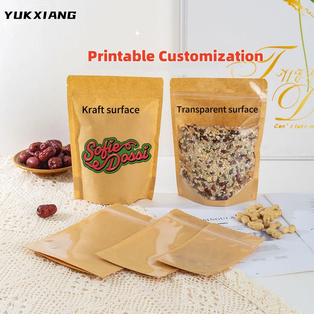 Transparent Window Kraft Paper Bag Self-Sealing Dry Fruit Food Packaging for Tea Grain Clothing Flower Miscellaneous Items