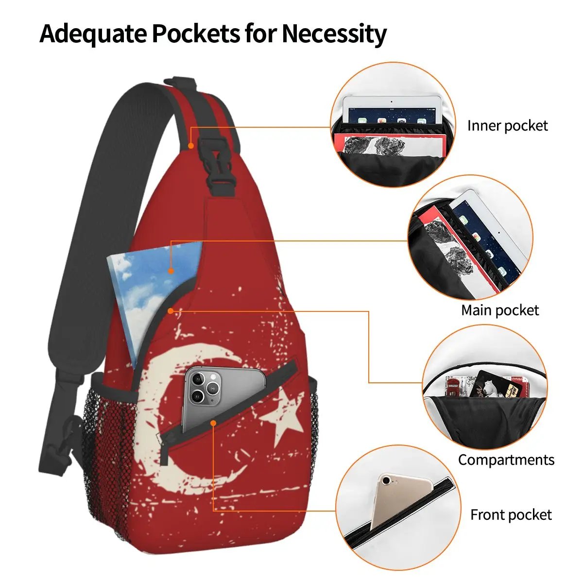 The Republic Of Turkey Flag Crossbody Sling Bags Casual Chest Bag Shoulder Backpack Daypack for Hiking Outdoor Sports Satchel