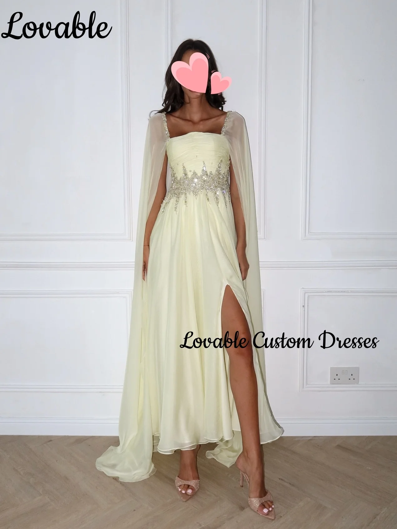 Vestido de festa de casamento personalizado, linha a, decote quadrado dividido, comprimento do chão, miçangas, vestidos de noite de luxo, zíper, vestidos amarelos