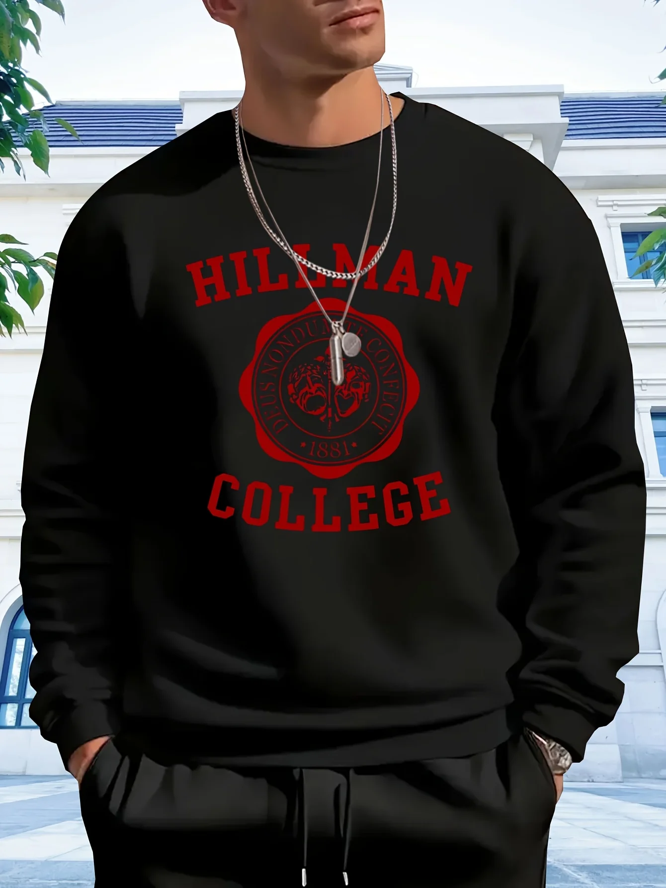 سويت شيرت رجالي كاجوال خفيف الوزن 250G برقبة دائرية - مصمم من كلية هيلمان، 100% بوليستر، #1