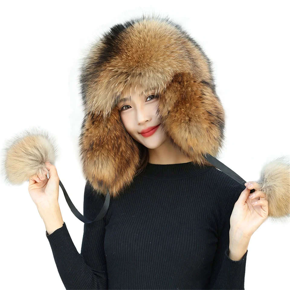 2024 fur Cap 100% Raccoon Hat Full Fur  Fox Hat Women's Fur Ear Protetion Winter Thickened and Warm Russian Caps For Woman Hats