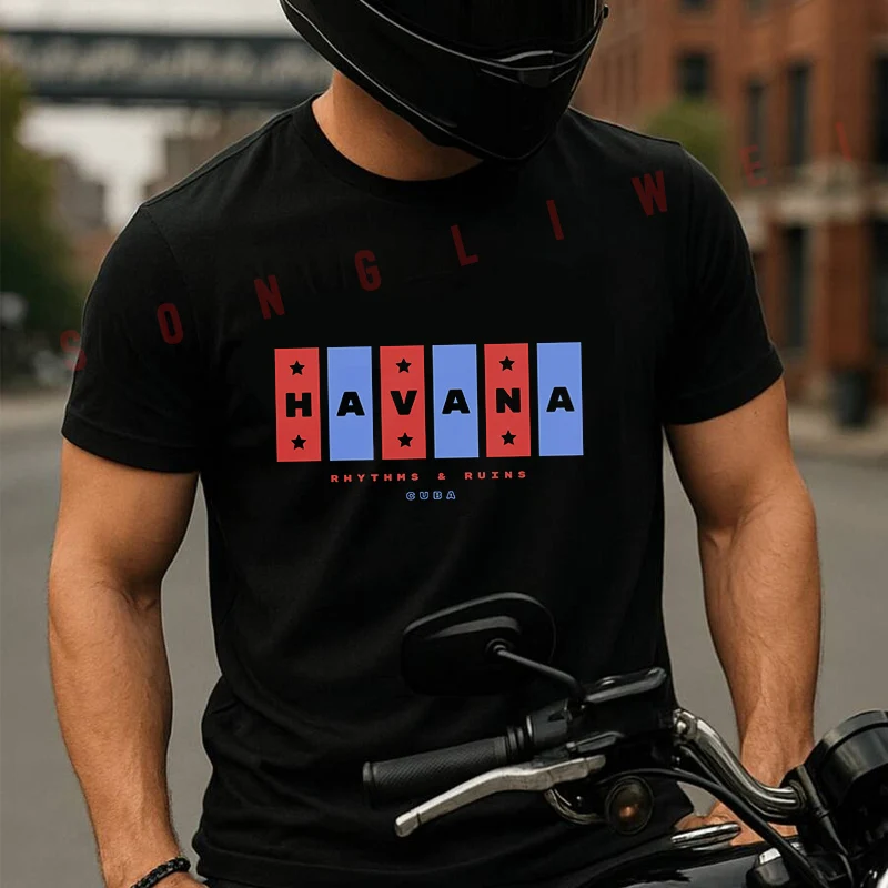 

Cuba With The Name Of Its Capital Design Moto Summer Short-sleeved Cotton T Shirt Men Women Streetwear Loose T-shirts