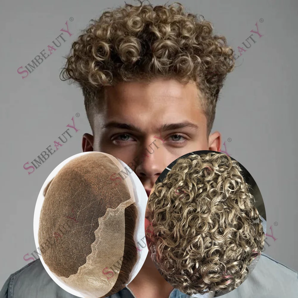 

20mm Curly Dark Blonde #18 #20 Q6 French Lace Front with Thin Skin Human Hair Piece #2 Dark Brown Grey Invisible Hairline Toupee