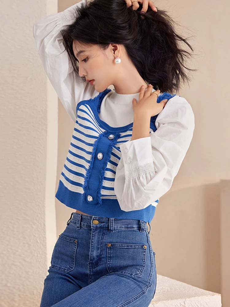 Fake Two Piece Patchwork Knitted Tops Korean Style Long Sleeve Round Neck Top Women Loose Casual Versatile Striped Shirt