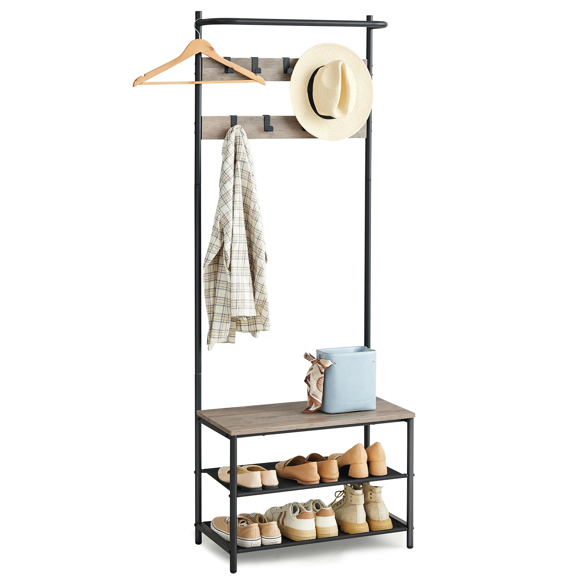 VASAGLE Hall Tree with Bench and Shoe Storage, Entryway Bench with Coat Rack Stand and Shoe Rack, 9 Movable Hooks, Top Bar