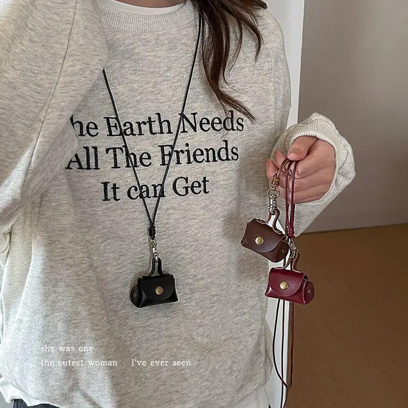 

Mini Leather Coin Purse Pendant Necklace Vintage Adjustable Women's Long Headphone Storage Leather Bag Accessories Rope Keychain