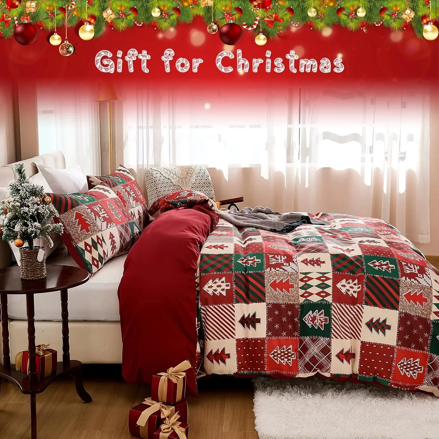 Christmas Duvet Cover Set Patchwork Plaid Bedding Set Red and Green Christmas Tree Printed Duvet Soft Duvet Comforter Covers