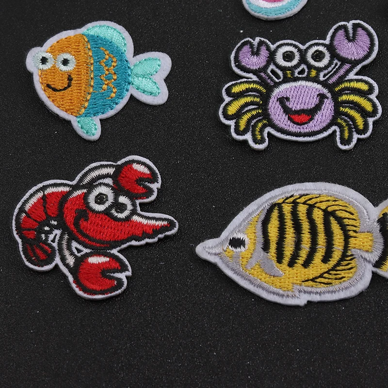 Cartoon Crayfish seahorse fish embroidery Patches Cloth Embroidered Applique Sewing Clothes Apparel Accessories