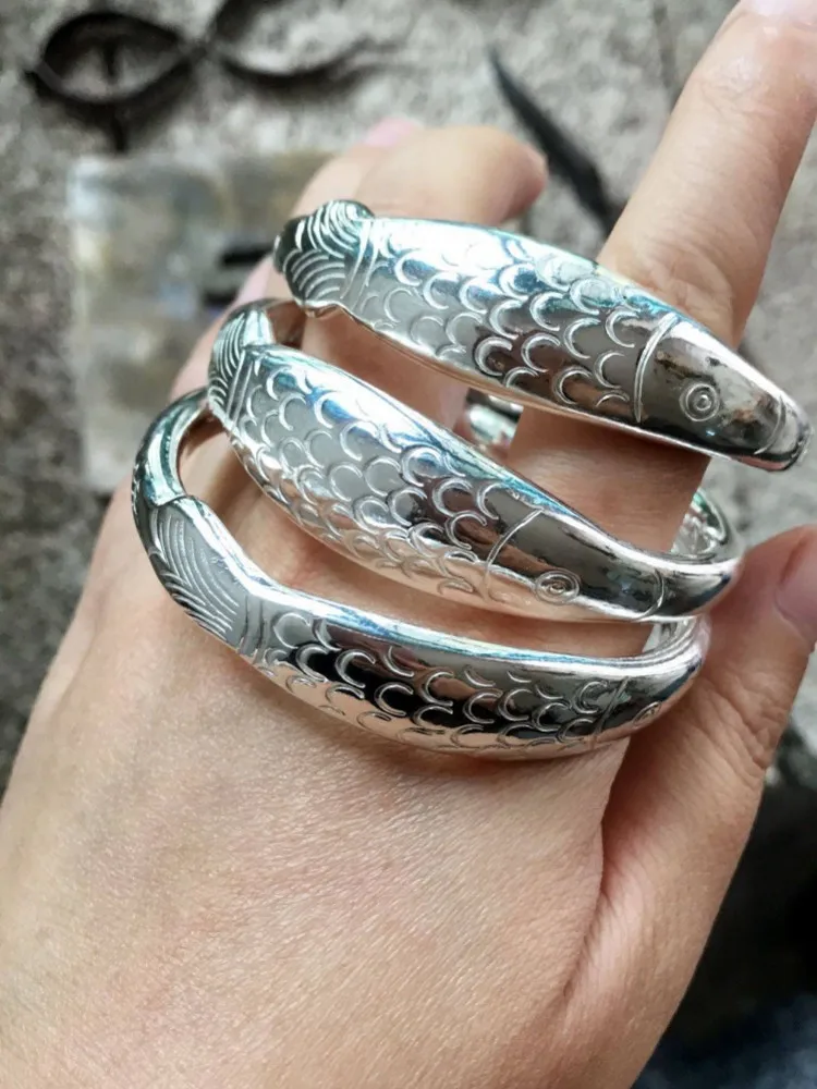 Vintage Fish Shape 999 Sterling Silver Open Adjustable Brancelet Luxury Fine Silver Ladies Retro Jewelry Birthday Gift Customize