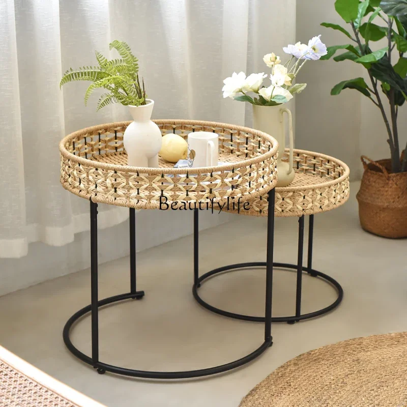 Paper rope woven coffee table Japanese sofa edge few wrought iron round balcony rattan set