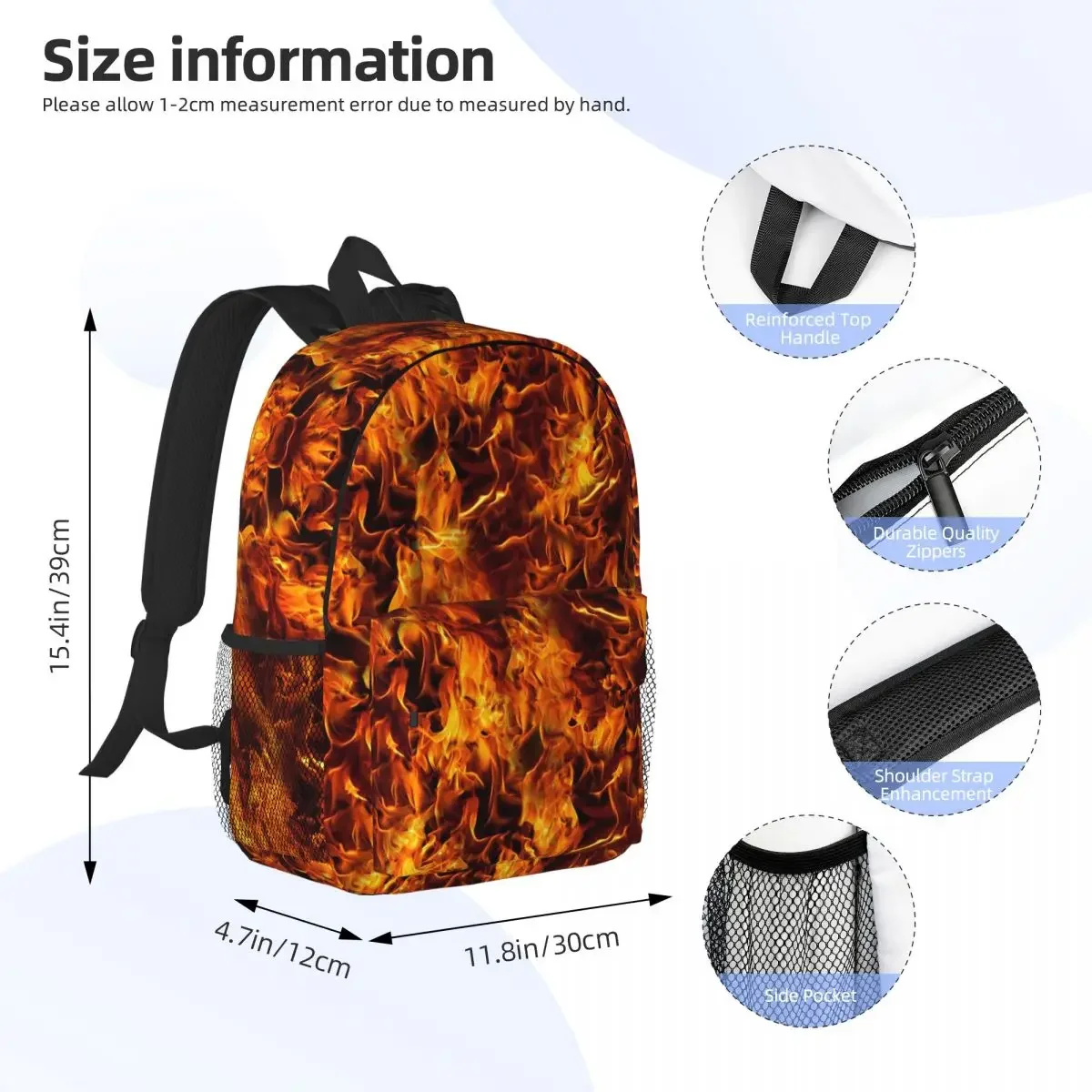 Fire And Flames Pattern Backpacks Boys Girls Bookbag Cartoon Children School Bags Laptop Rucksack Shoulder Bag Large Capacity