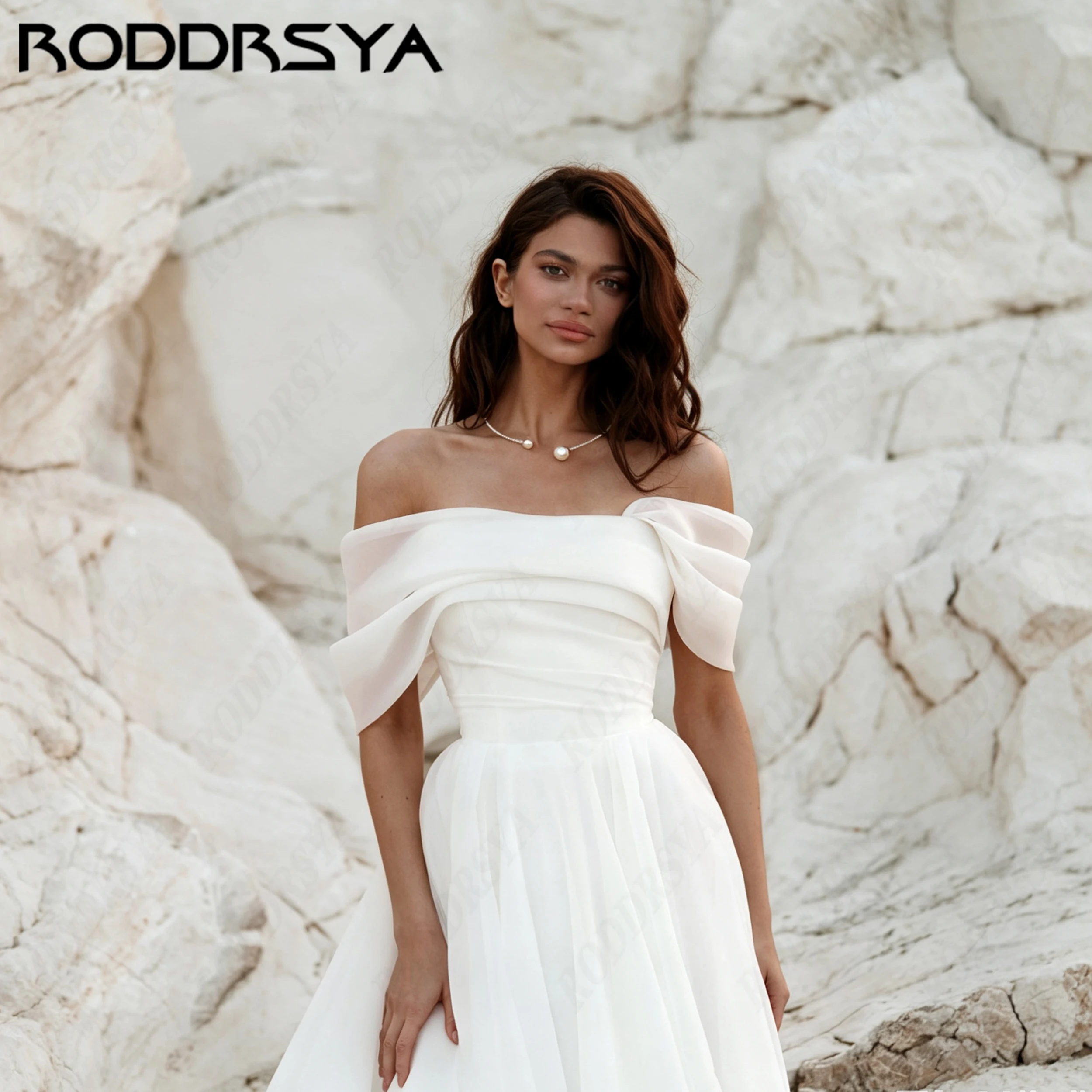 RODDRSYA Brautkleid aus Tüll mit Bootshalsausschnitt für Frauen, plissiertes schulterfreies Brautkleid, vintage A-Linien Hochzeitskleid individuell anpassbar, eleganter langer Rock luxuriöses Outfit Hochzeitszeremonien