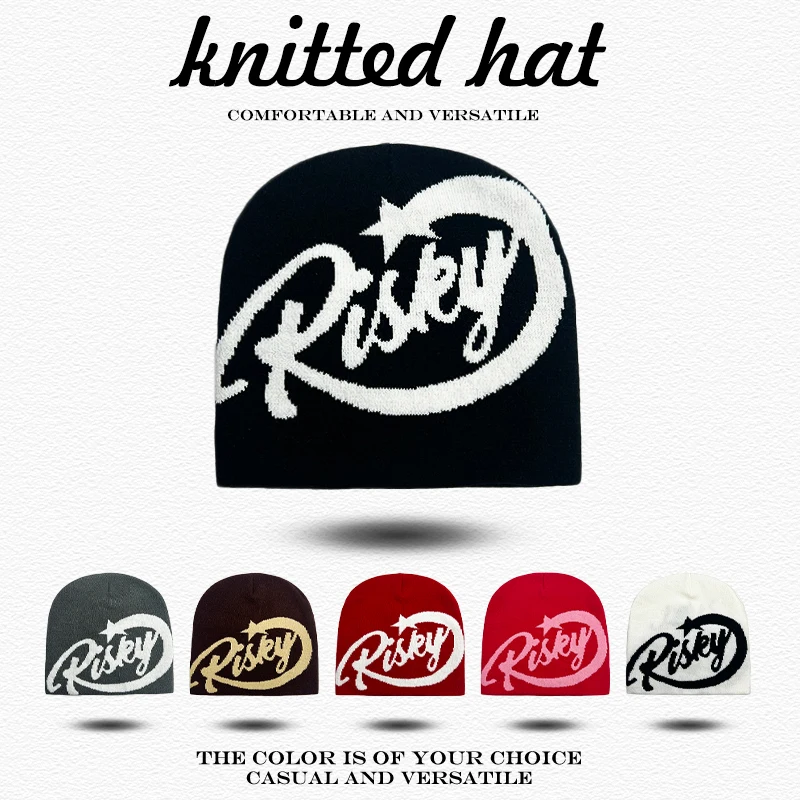 Cálidos gorros personales de moda Hip-hop versátiles Street ins Rap nuevos hombres mujeres tendencia americana Jacquard Risky letras sombreros de punto