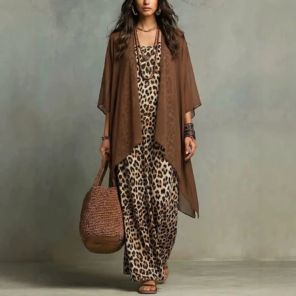 Chiffon Leopard Print Spaghetti Strap Dress and See-through Cover up Cardigan Top Two Piece Women Matching Set Beach Vacation