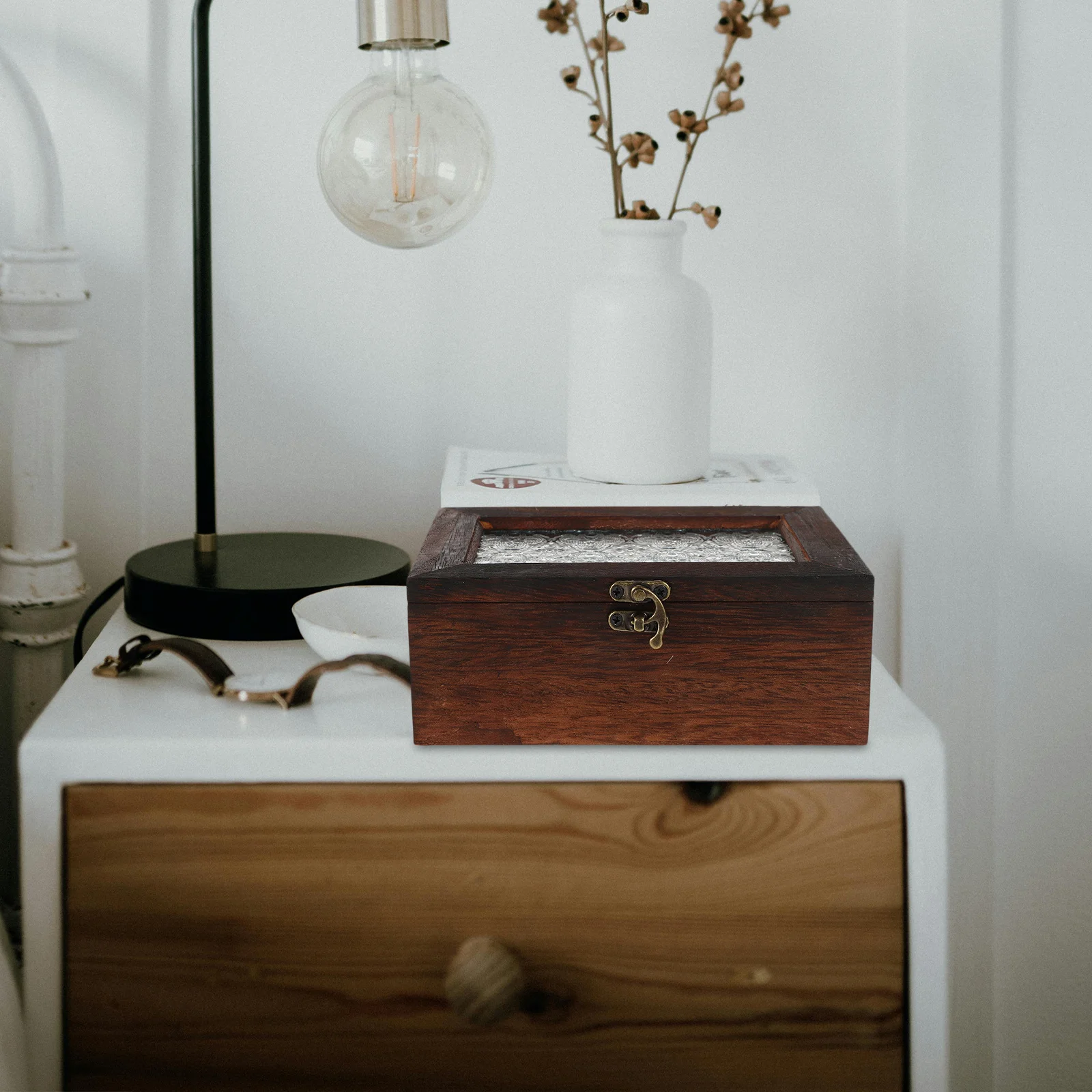 

Стеклянная деревянная шкатулка для драгоценностей с застежкой, винтажный футляр для хранения из цельного дерева для демонстрации коллекционных ювелирных изделий, подарок на память