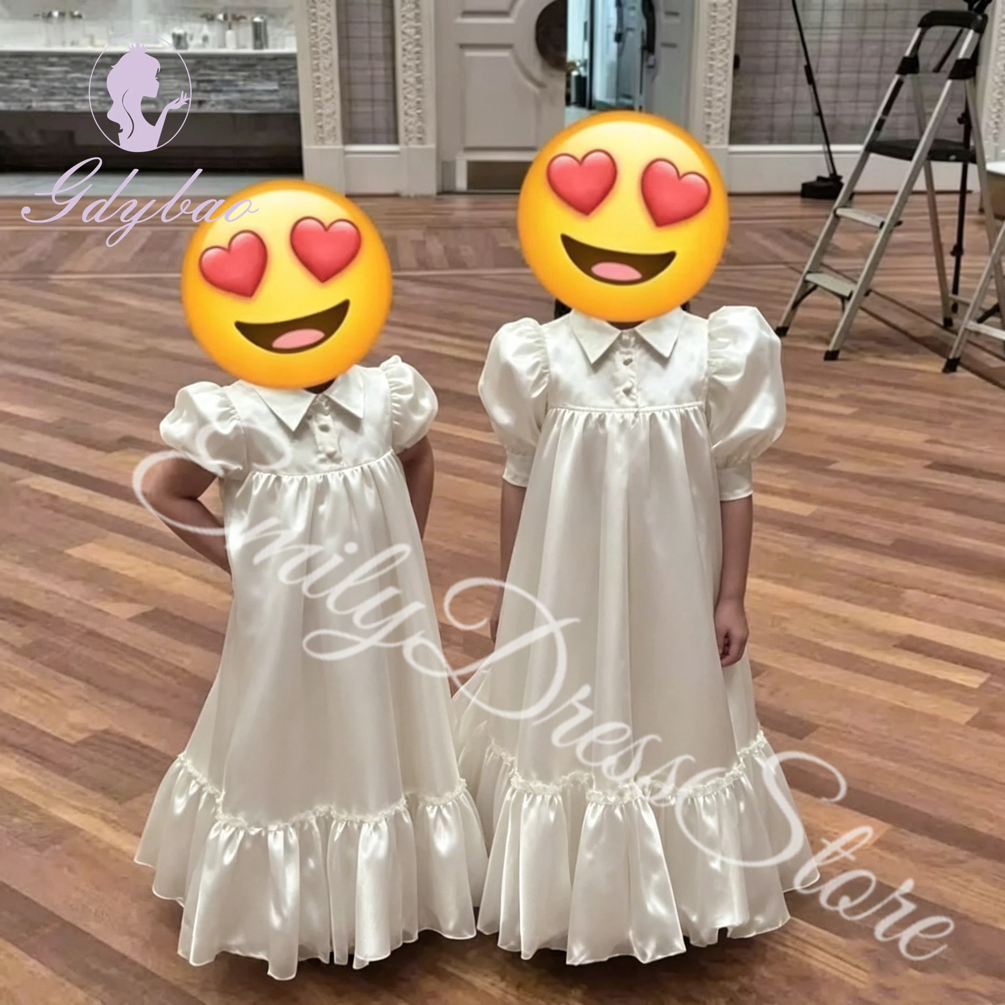

Customized Ivory Flower Girl Dress for Wedding Satin High Waist Doll Collar Puffy Kids Birthday Party First Communion Gown