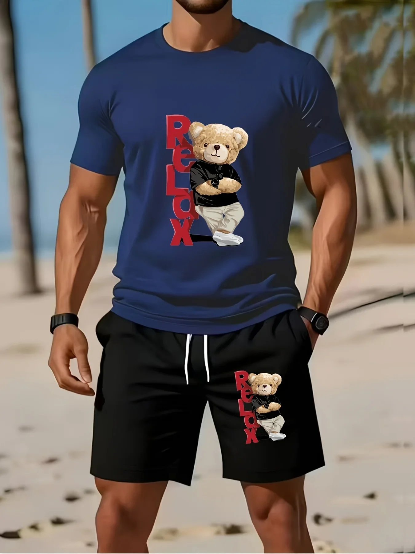 Trendy Men Cool Romantic Bear Graphic Print Summer 2‑Piece Set Short Sleeve T‑Shirt + Shorts Casual Daily Streetwear Outfit For