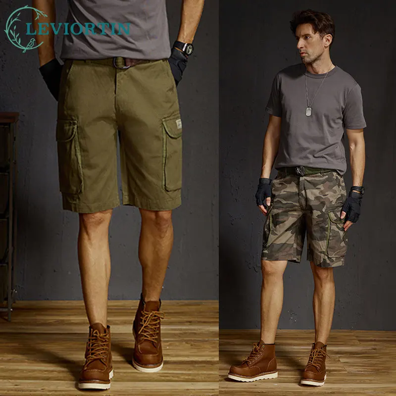 Men's Camo Cargo Shorts Male Loose Straight Washed Cotton Short Trousers With Multi-Pocket Summer Casual Workwear Short Pants