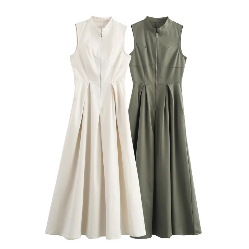 Zíper vestido longo mulher plissado sem mangas bodycon vestido de verão elegante vestidos de festa para as mulheres 2024 novos vestidos midi