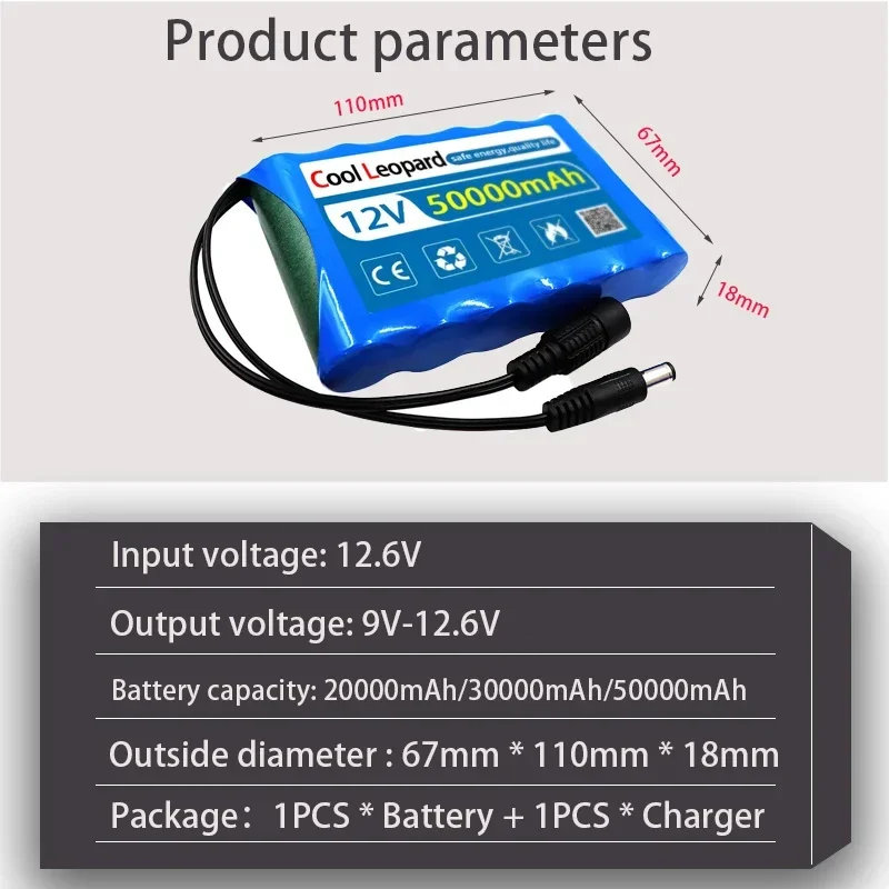 

Original New Portable 12V Battery,20000mAh 30000mAh 50000mAh Rechargeable Lithium-ion 18650 Battery Pack, DC 12.6V Charger