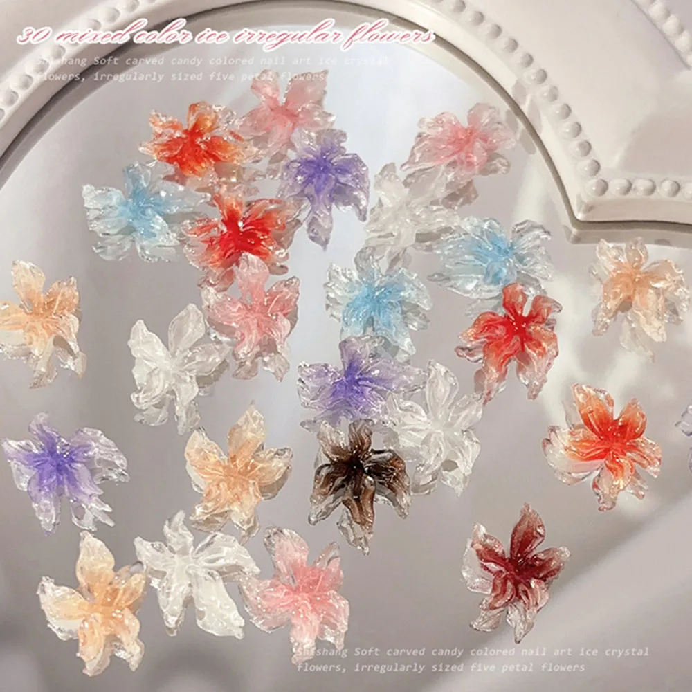 50PCS Eis Kristall Blume Nail art Charms 3D Acryl Blütenblatt Blume Maniküre Dekor Teile 10*15mm gemischte Farbe DIY Liefert Drücken Auf