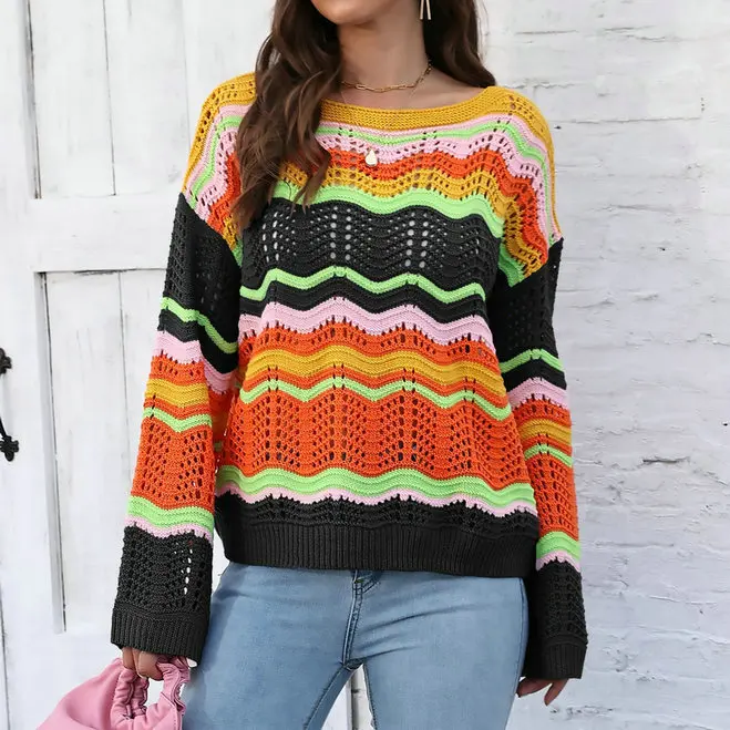 여성용 레인보우 스트라이프 패치워크 스웨터 가을 겨울 신상 슬리 스트리트 슬리 롱 스웨이트 원숄더 니트 탑