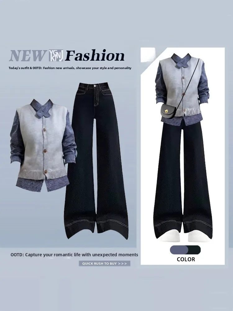 Faionable Knitted Denim Wide Leg Pants Tee Piece Set for Women Winter Striped irt Ele High Quali Ensemble