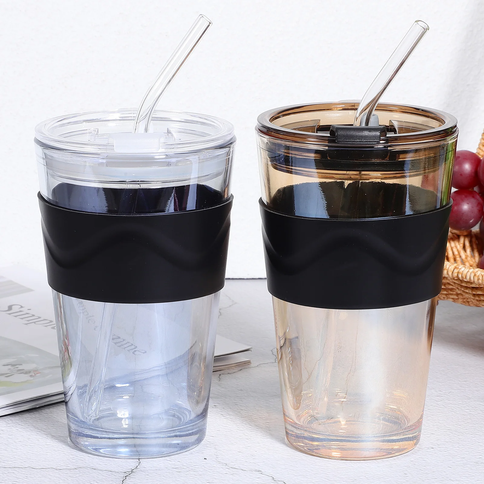 

2Pcs Drinking Glass Cup with Straw Cold Brew Tea Coffee Juice Beer Mug 450ml Water Bottle for Beverage Home Office Bar Use