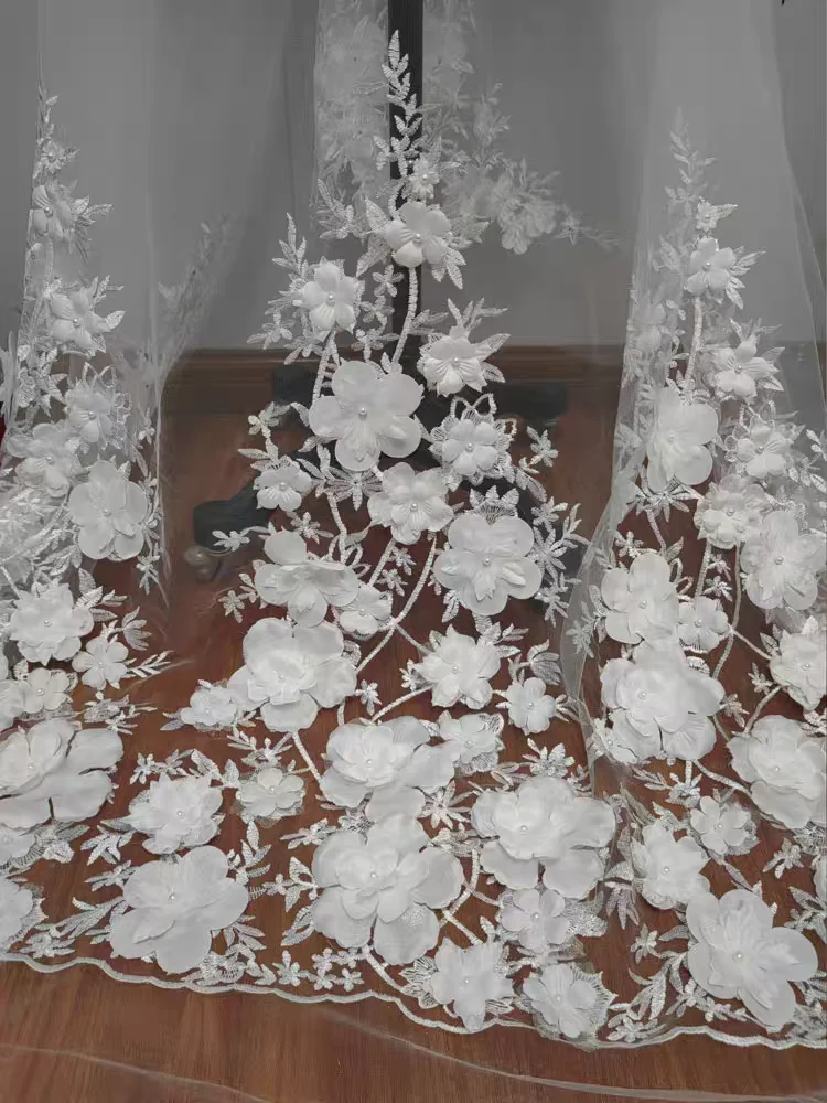 Rosa e marfim 3D flores rendas com pérolas bordadas tecido de flores vestido de noiva tecido de renda
