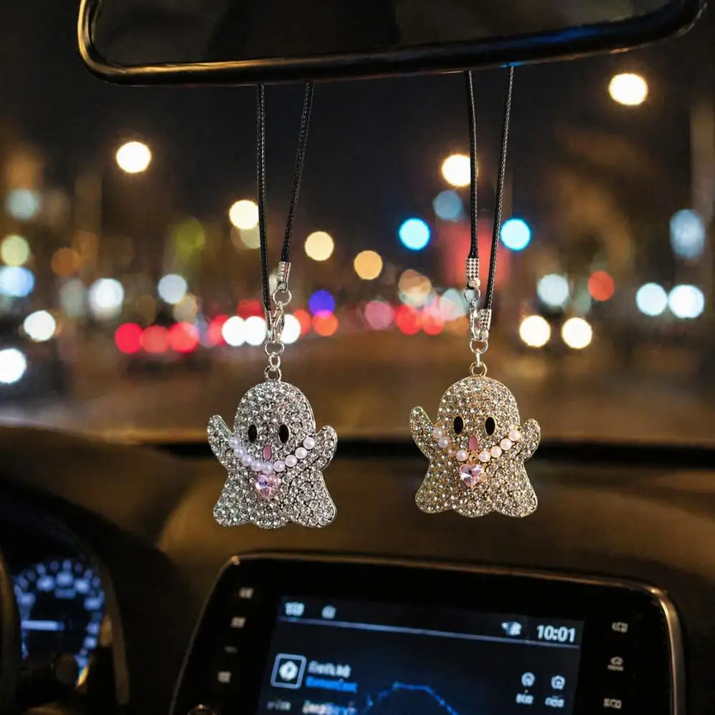 Alloy Hanging Car Pendant Halloween Ghost Car Hanging Charm Rhinestone Rearview Mirror Pendant Auto Decoration for Vehicles
