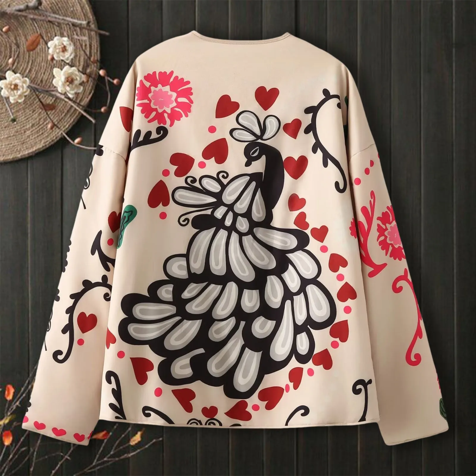 2024 Autumn Jacket Cardigan New Women's Clothing Style Simple and Casual Loose Round Neck Printed Design Thin Coat