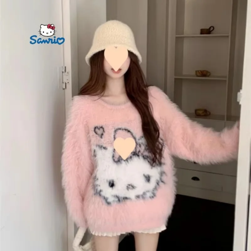 Cute New Hello Kitty Knitted Pink Pullovers Women'S Autumn And Winter Sweet Loose Sweaters Jacquard Imitation Mink Soft Top Gift