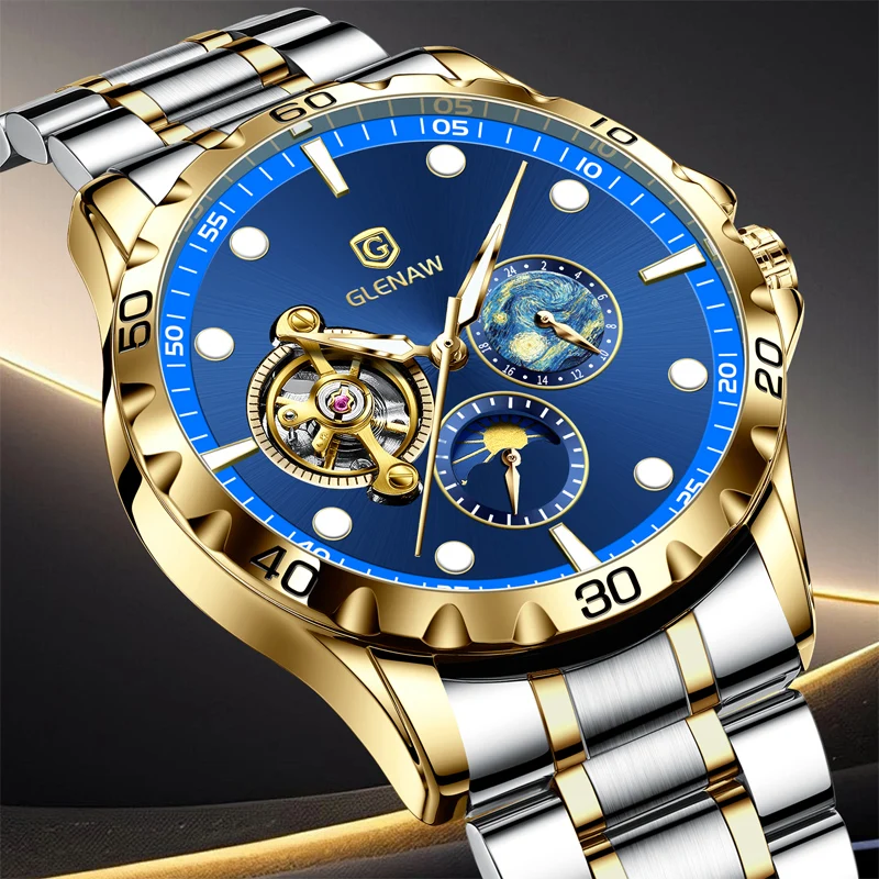 2024 GLENAW Original Design High end Brand Men\'s Automatic Mechanical Watch Casual Fashion Stainless Steel Strap Waterproof+Box