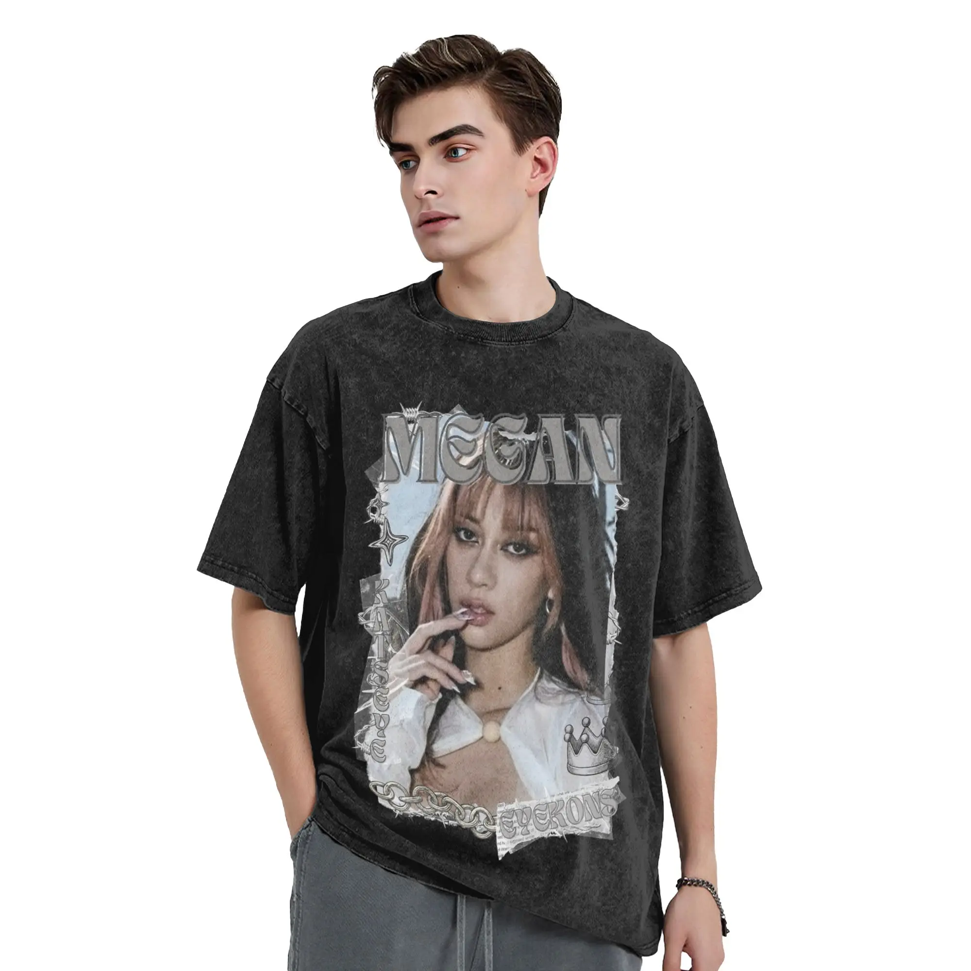 Katseyes Megan Kpop Y2K Group Washed T Shirt Streetwear Vintage T-Shirt  Tee Shirt Men Women Short Sleeve High Street Printed
